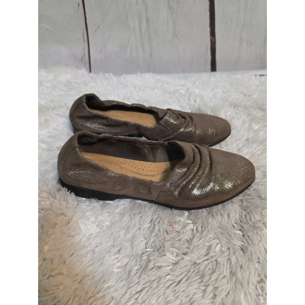 Clarks Collection Metallic Ruched Loafers Taupe Pewter Flats Womens 9.5 M 13288